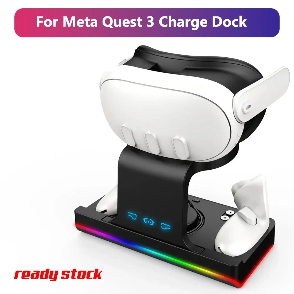 RGB Charging Dock for Meta Quest 3, Oculus VR Accessories Charger Station Controller Battery Pack, Fit Elite Head Strap