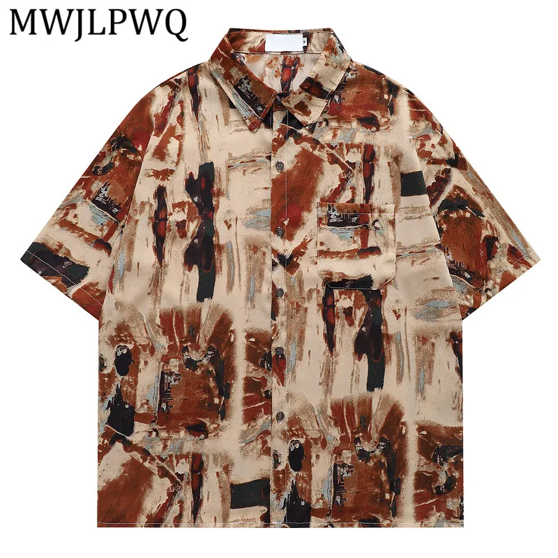 

MWJLPWQ American Rero Floral Shirt For Men Short-Sleeved Drapey Ice Silk Beach Clothing Summer Loose-Fiing Couple's Tops 16142