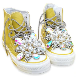 Big Colorful Pearls Diamond Canvas Shoes  Flats Rhinestones High Top Sneakers Spring Sweet Ladies Casual Tennis Shoes Yellow