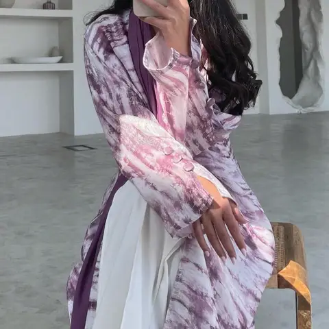중동 민족 의류 Eleganat Abaya 이슬람 여성 플레어 슬리브 타이 염색 Abayas 이슬람 Kaftans Jilbabs 맥시 드레스