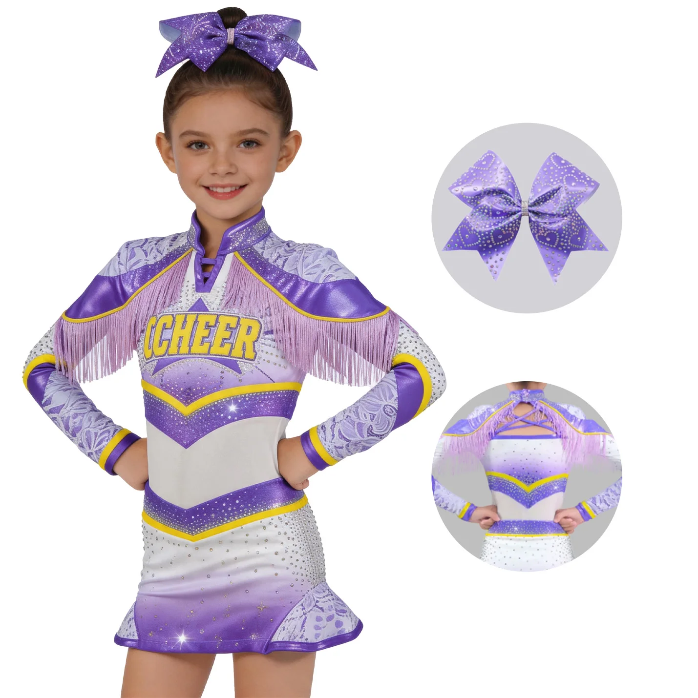 

Girls Purple White Gradient Long Sleeve Cheerleading Uniform Set Kids Rhinestone Tassel Outfit with Bow Cheer Costume Dance Wear