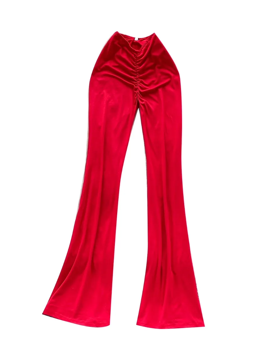 Foamlina été plissé coupe ajustée pantalon évasé européen fille chaude couleur unie jambe allongement léger Mature élégant pantalon