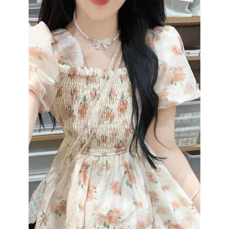 2024 Summer New Women's Flattering Square Collar Printed Fashion Sweet Puff Sleeve Aesthetic Slim Vacation Midi Floral Dress