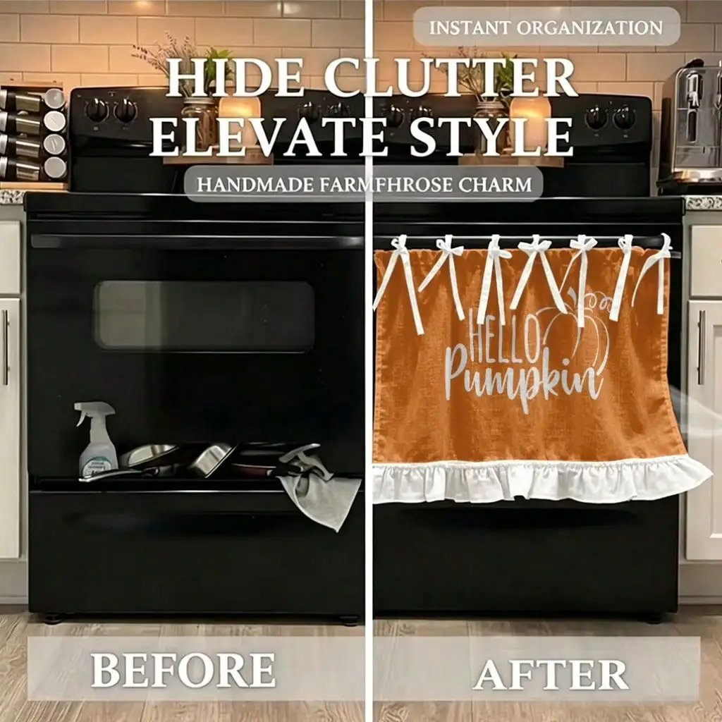 2D Flat - 1pc Farmhouse Fall Harvest Kitchen Stove Oven Valance, 2D Printed Hello Pumpkin Autumn Fall Design Home Decor Curtain for Dishwasher Microwave Cabinet Kitchen Sink, Festival Gift, Great Addition for Thanksgiving Family Gathering