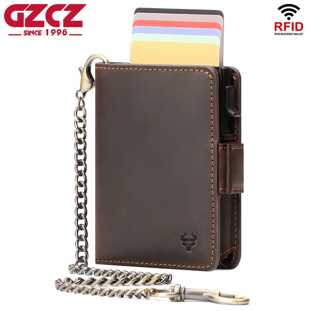 Men's Genuine Leather RFID Credit Card Holder Slim Minimalist Luxury Pop Up ID Bank Cardholder Case with Zip Coin Purse Cartera