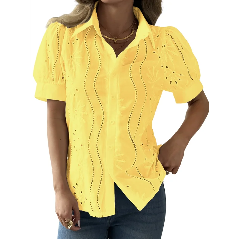 

CGS-Women's Short Sleeve Button Down Collared Blouses Embroidery Eyelet Top