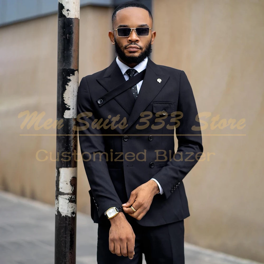 

Роскошные черные мужские костюмы на свадьбу, двубортные костюмы с острым лацканом, облегающие наряды, модный костюм из двух предметов, куртка, брюки