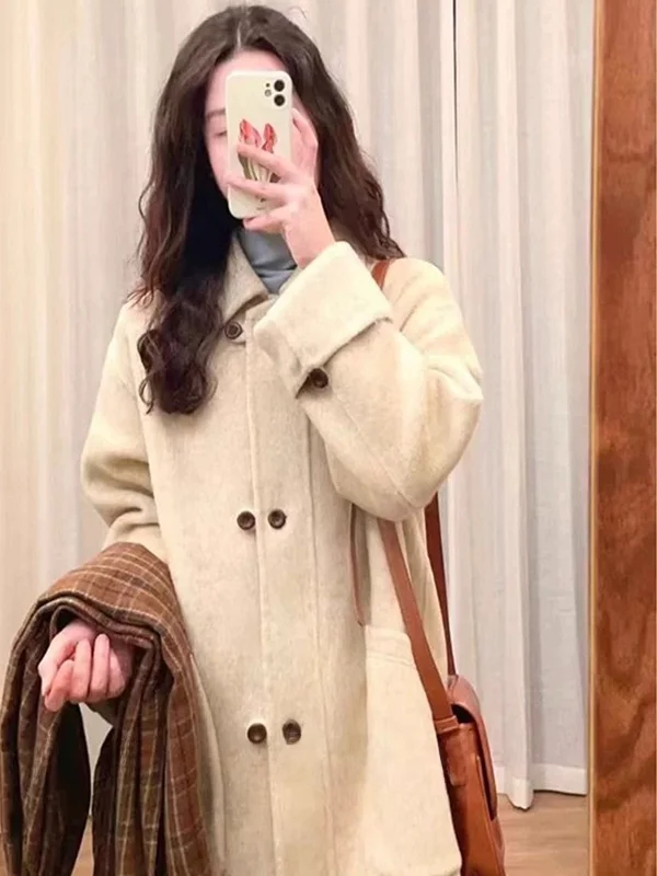 

Корейское женское шерстяное пальто свободного кроя, средней длины, с квадратным воротником, зимнее, новинка, с эффектом похудения, маленький размер, полиэстер