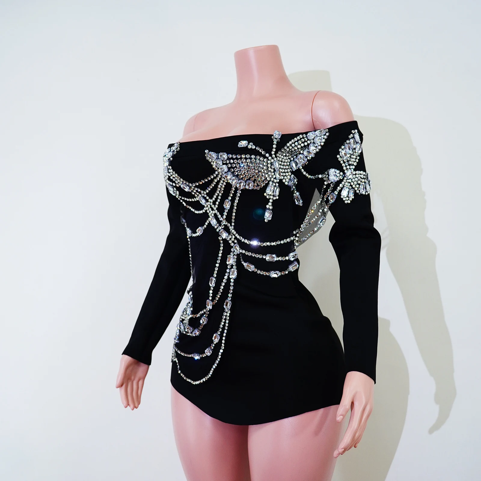 Sexy Rhinestone Butterfly Stage Costume Sparkly Crystal Cutout Black Mini Dress Bar Singer Dancer Performance Gogo Design Outfit