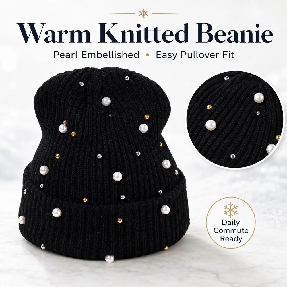 Simulated Pearl Knitted Beanie Hat Brimless Style Warm Coverage Winter Knit Hat Solid Knitted Texture Brimless Skull Cap