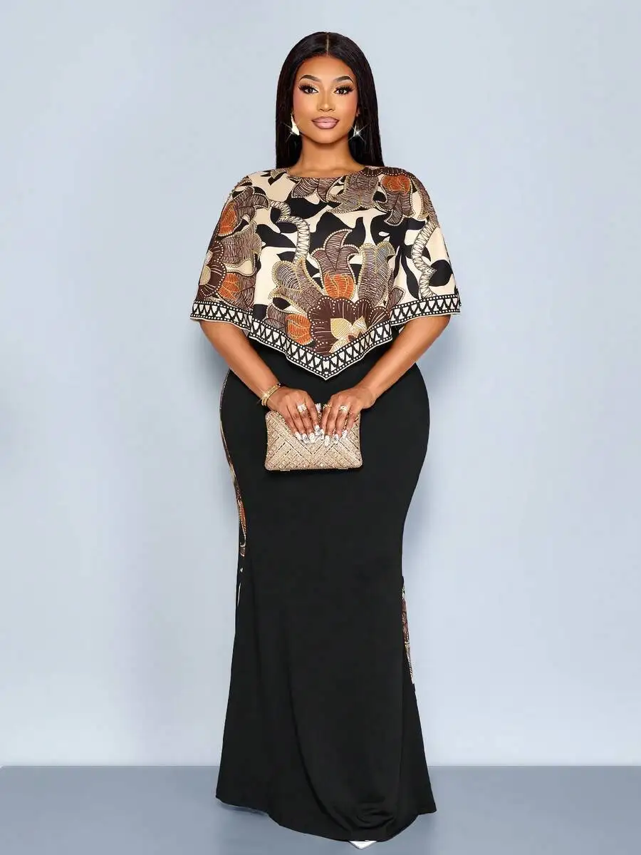

Plus Size Elegant Evening Dress With Printed Cape Black Floor Length Formal Cocktail Wedding Party