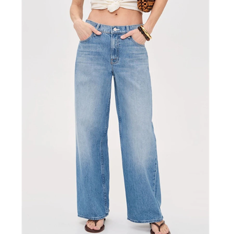 Dave&di Minimalist Mid Waist 87%cotton+13%linen Jeans Women's Jeans Woman Clothes Thin Washed Straight Leg Denim Pants For Women