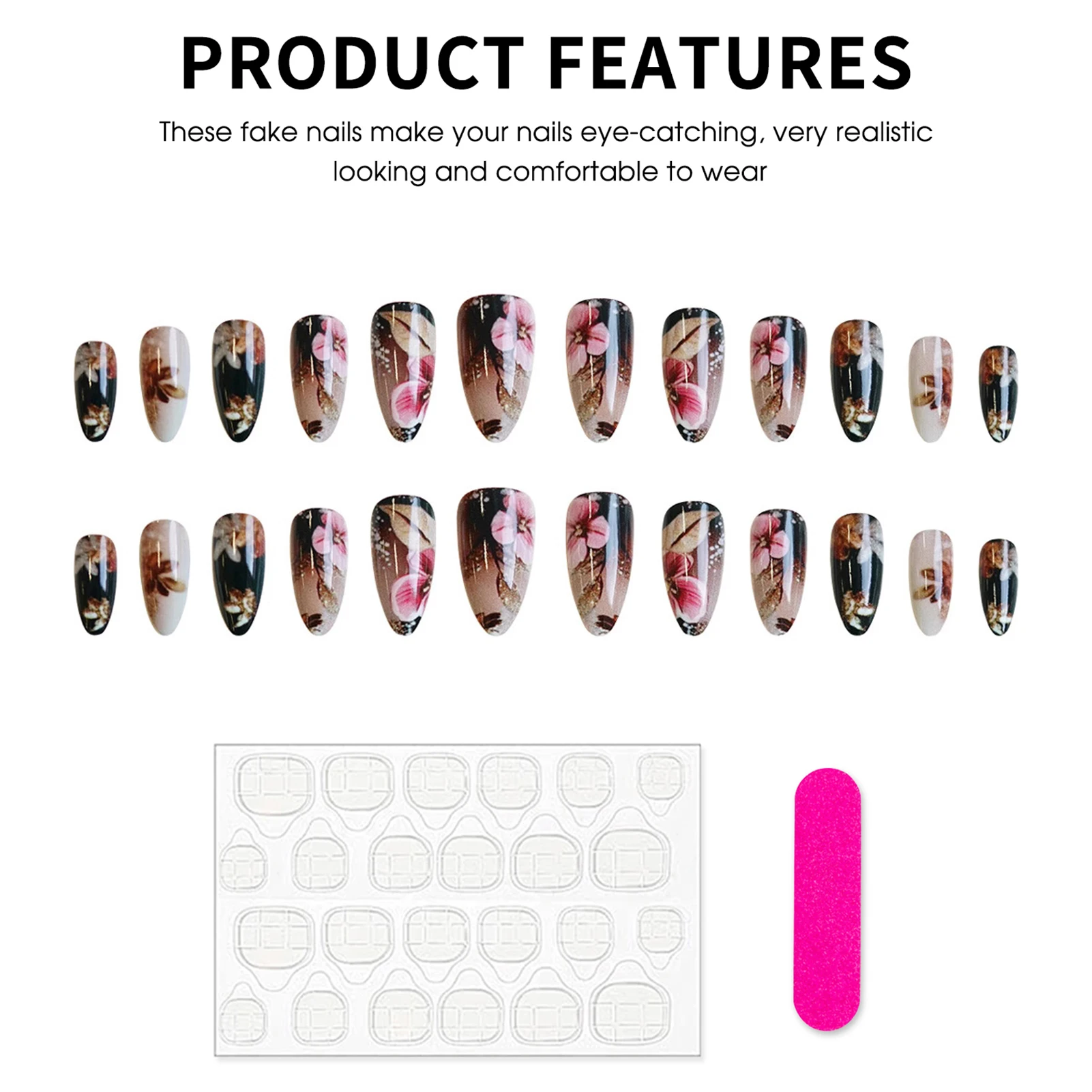 Faux ongles à pression avec fleurs feuilles d'or, 24 pièces, avec Design dégradé noir, paillettes d'amande, adhésif réutilisable, décor pour faux ongles