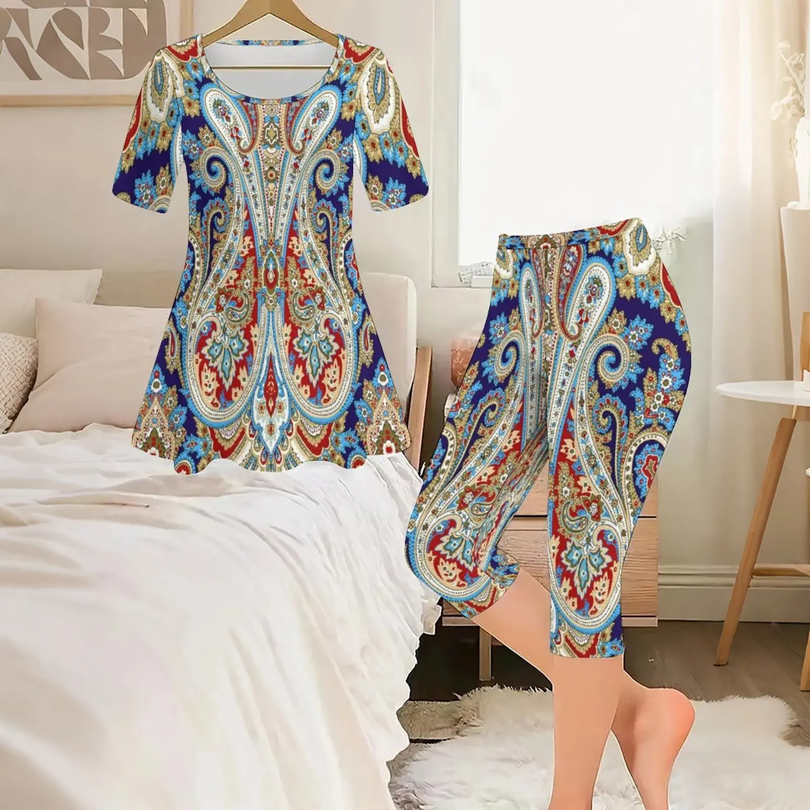 2pcs Daily Top Slim Sport Pants Ladies Printed Pants Women's Fashion Leggings Set Round Neck Short Sleeve Casual Jogger Pants
