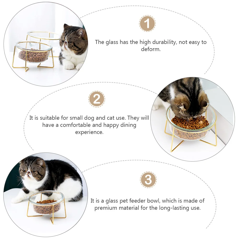 Glass Pet Bowl Comfortable Practical Feeder Supply Food Container Metal Cat Dog High Base Feeding Iron Golden