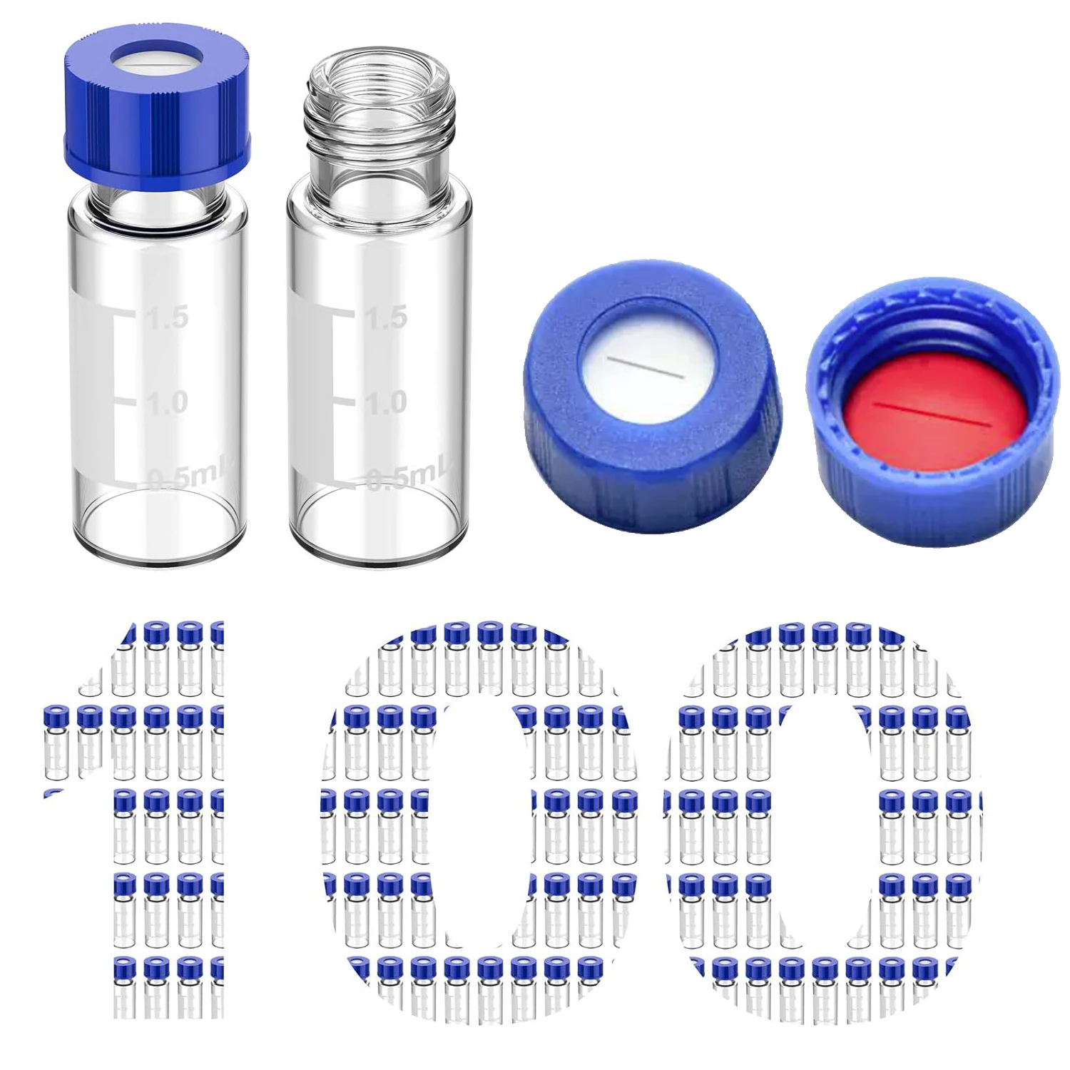 2mL Autosampler Vials 9-425 GC/HPLC Clear Glass Vials With Write-on Spot And Graduations  9mm Blue ABS Screw Caps&PTFE Septa
