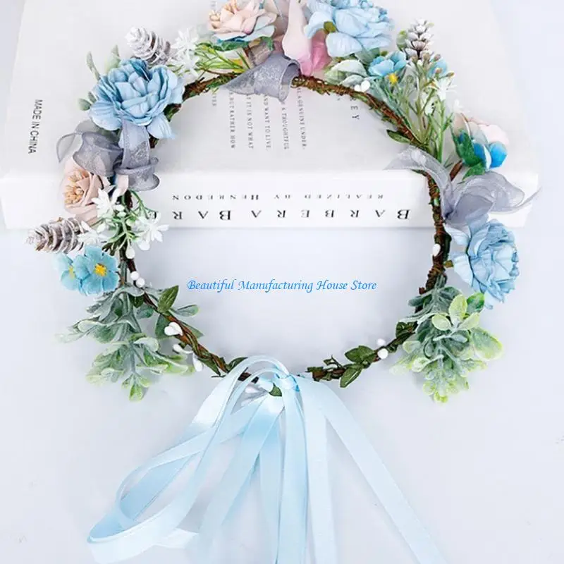 

E56A Fake Blue Flower Hair Wreath Headband Crown Garland Adjustable Ribbon Headpiece