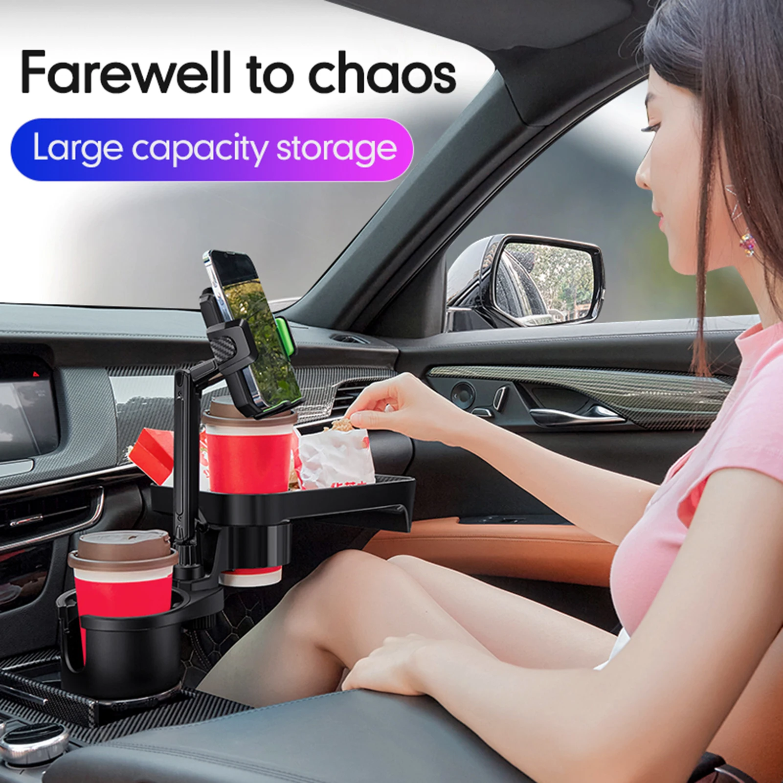 Car cup holder Multi-function cup holder expander with adjustable base for 360° rotating tray phone holder