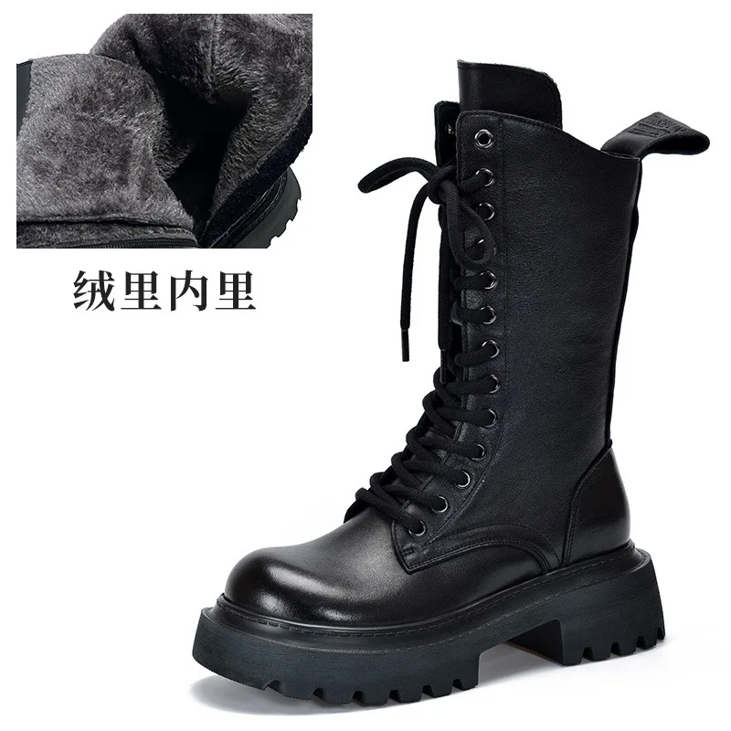 Botas Martin de plataforma meia-panturrilha para mulheres, estilo britânico, renda, tendência da moda feminina, outono, inverno, novo, 2024