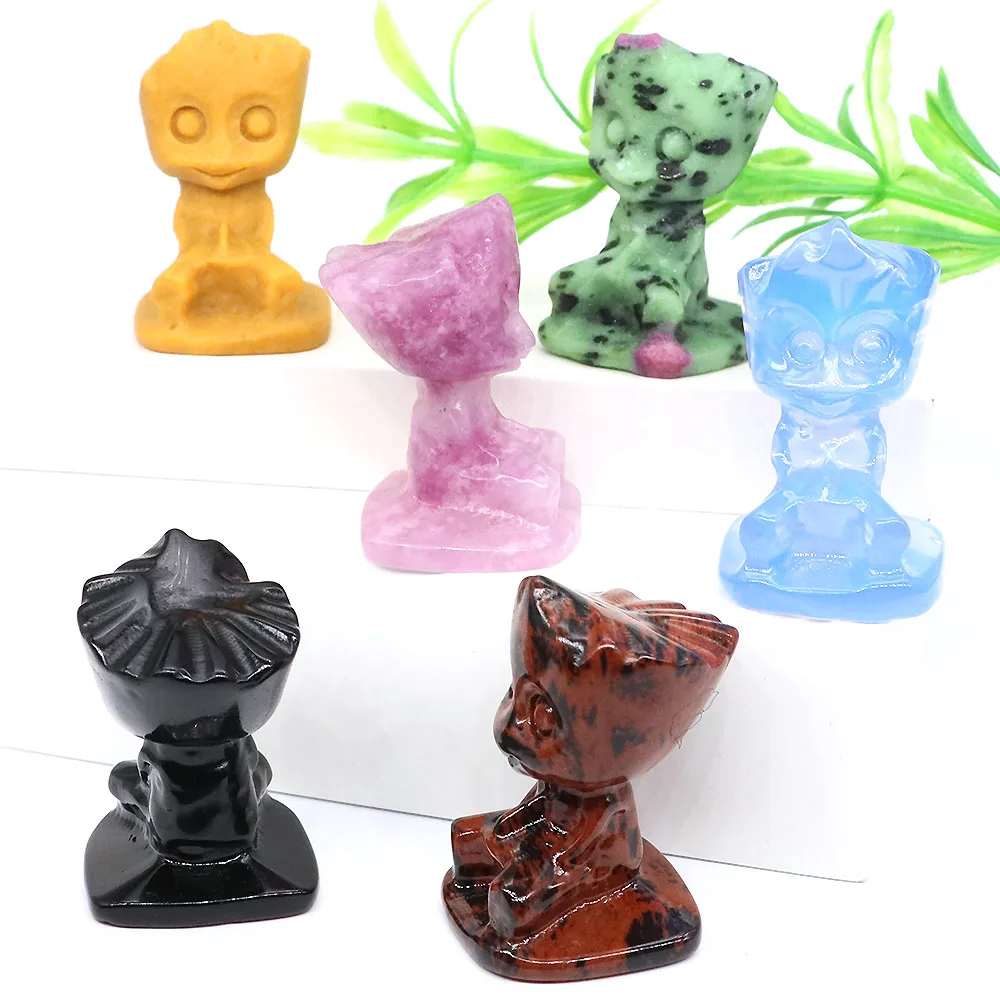 

1.6" Cartoon Tree Root Man Statue Natural Stone Carved Crafts Anime Figurine Gems Healing Crystal Home Decoration Children Gift