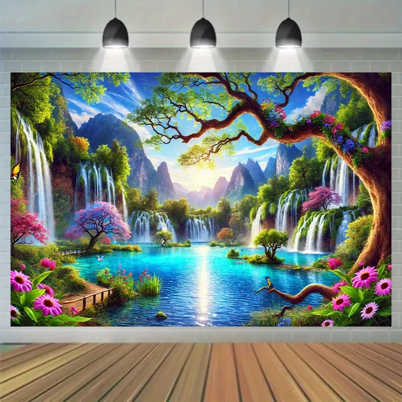 Ein magischer Wasserfall-Garten-Polyester-Fotografie-Hintergrundstoff, Mehrzweck-Geburtstagsbanner