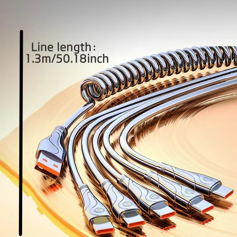 Vehicle-mounted office one-to-five fast charging Type-C spring data cable multi-head telescopic charging cable