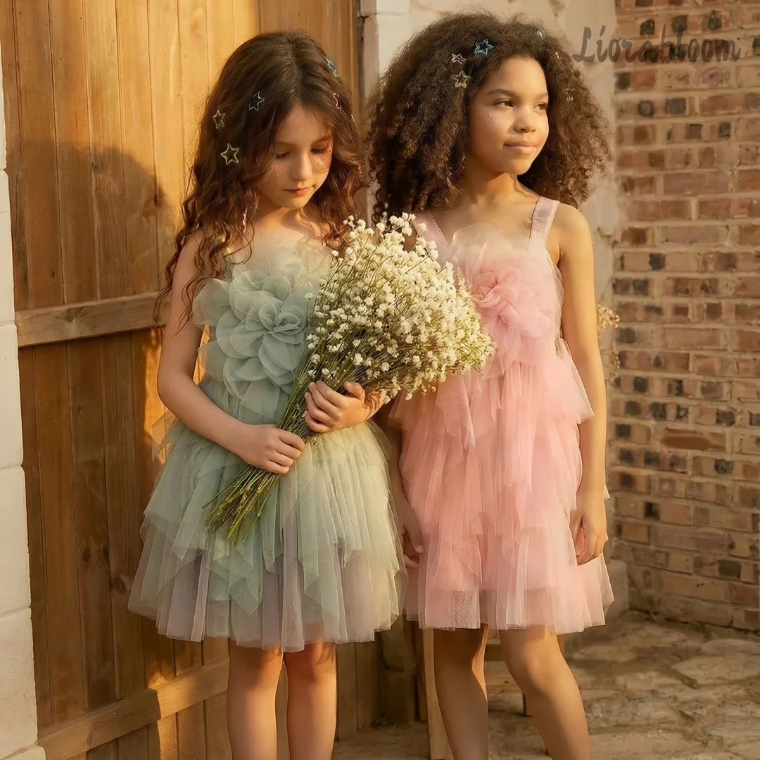 

Girls' Multicolor Tulle Gown Layered Spaghetti-Strap Dress Custom Flower Girl Attire Wedding Party Attire свадебное платье