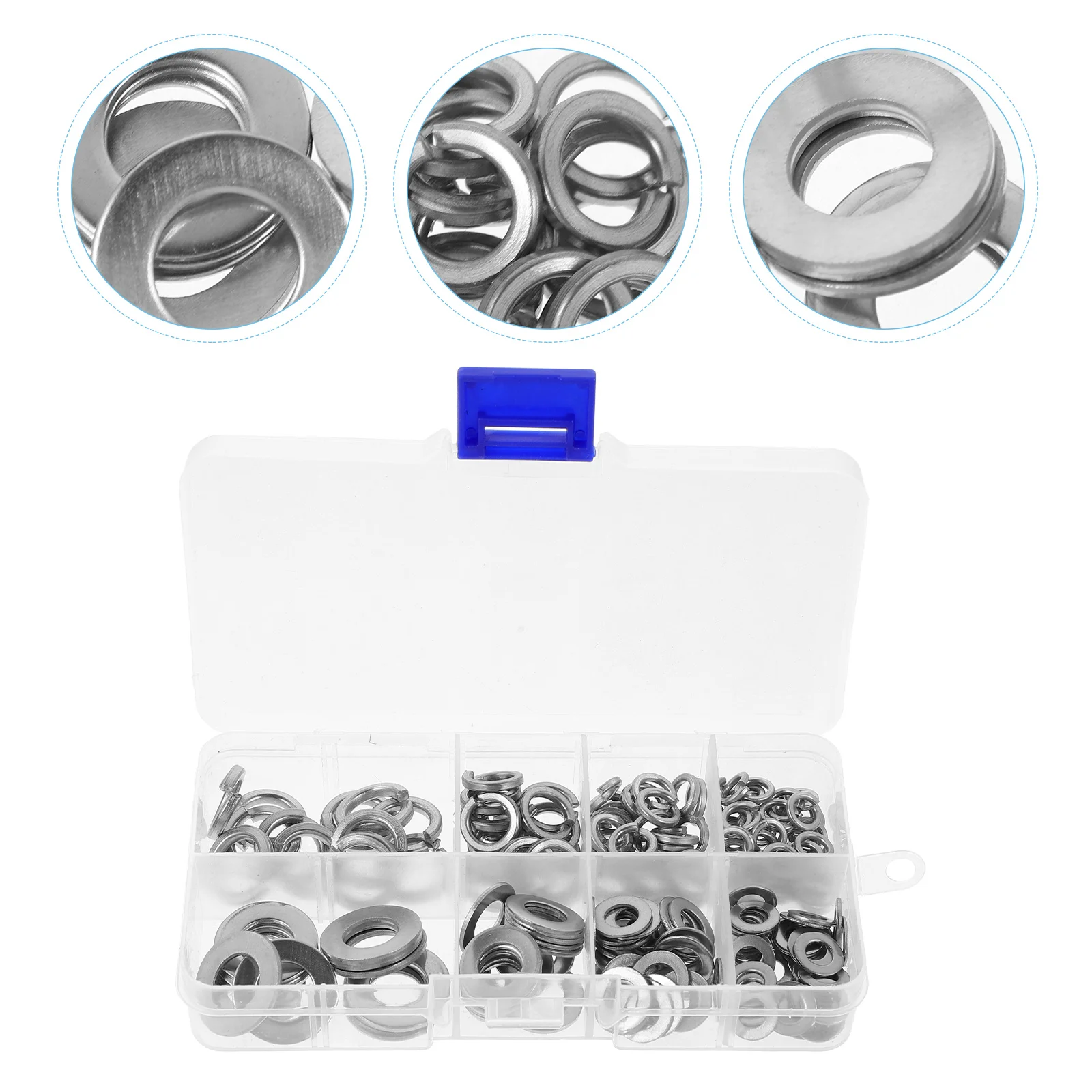 

200pcs Stainless Steel Washers Set M5 M6 M8 M10 Flat Spring Lock Anti-Loosening Fasteners Repair Diy Transparent Storage Box