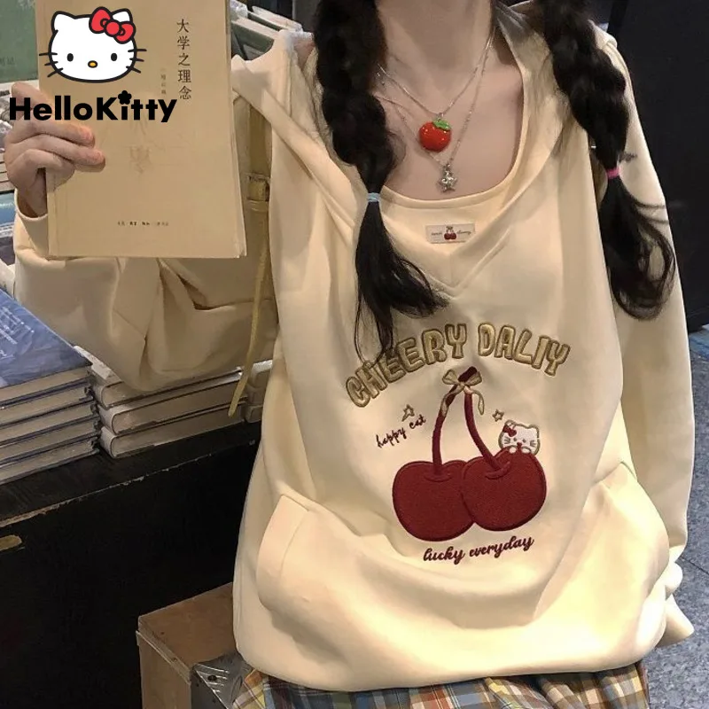 Sanrio Hello Kitty 2 Piece Set Tops Y2k College Style Cherry Embroidery Sweatshirt Hooded Women Vest Lining Long Sleeve Shirts