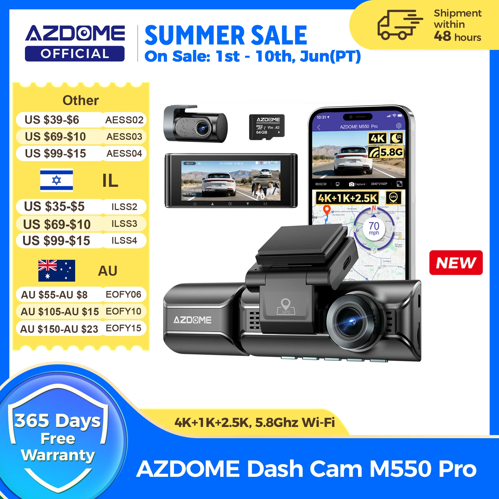 Mise à niveau AZDOME M550 Pro Dash Cam 4K Dashcam avant Auto 5.8Ghz Wi-Fi GPS g-sensor voiture DVR 6 IR Vision nocturne moniteur de stationnement
