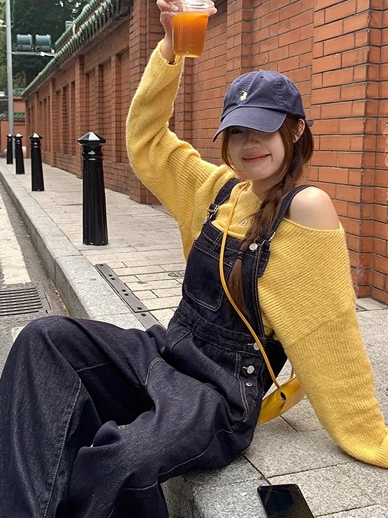 

Retro Korean Style Women's Denim Overalls Casual Wide Leg Straight Cut Loose Fit Spring Summer Autumn Fashion plus Size
