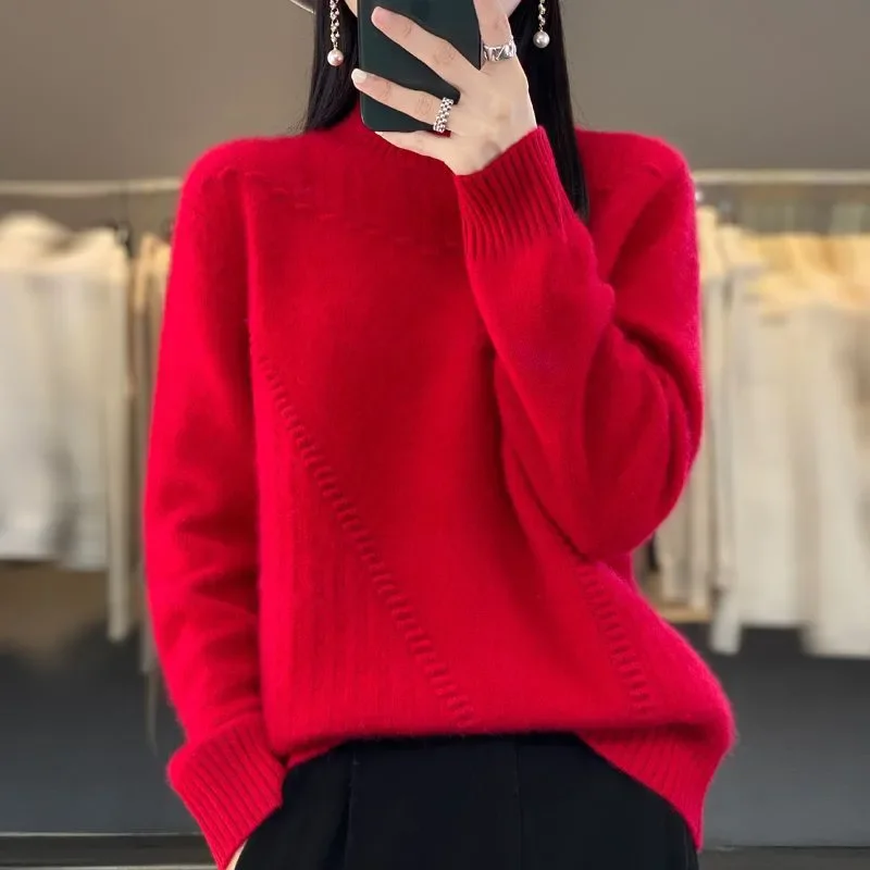 

Autumn Winter New Half Turtleneck Knitted Pullover Sweater Women Fashion Jacquard Weave Knitwear Long Sleeve Jumper Tops W774