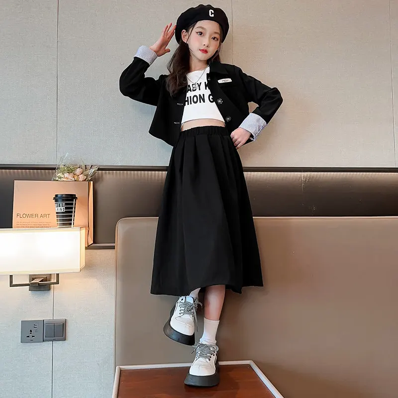 Teenage Girls Suits New Spring Elegant Blazer Suit Jacket+ Midi Skirt Two Pieces Wedding Formal Black Casual Sport Kids Outfits