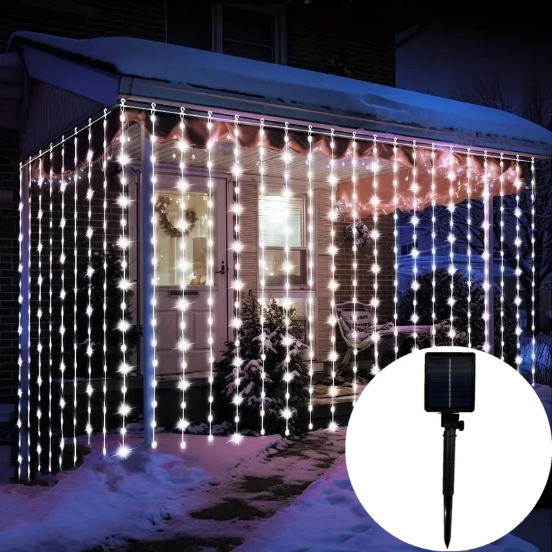 Solar Power Curtain String Lights 8 Lighting Modes Great for Wedding Party Garden Pergola Decoration Outdoor Christmas Lighting