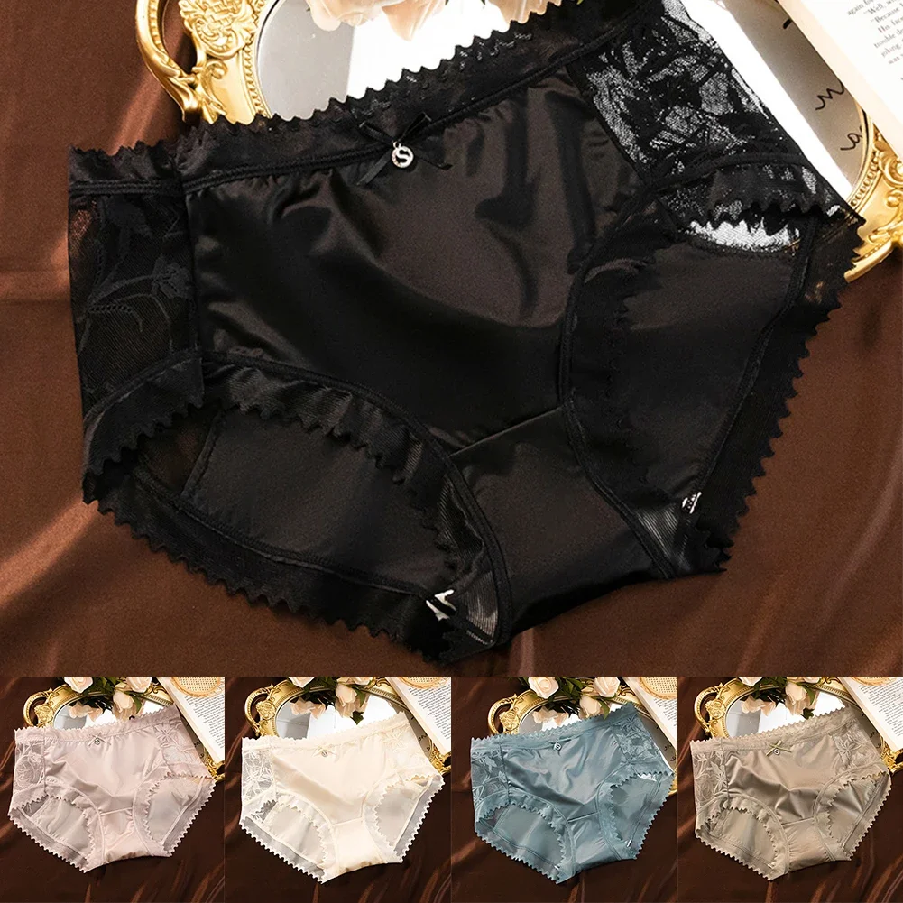 Women Underwear Luxury Style Satin Sexy Lace Smooth Stretch Breathable Panties Briefs Tanga Thong Female Underpants 