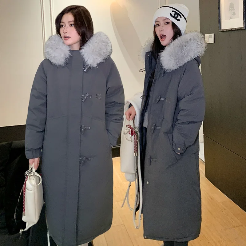 Winter Trend Horn Taste Lange Parkas Mantel Frauen Oversize Pelz Kragen Mit Kapuze Baumwolle Jacke Elegante Verdicken Warme Baumwolle Gefütterte mantel