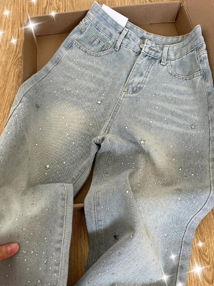 Spring Autumn Women Light-colored Stars Rhinestone Shiny Slim Wide-leg Baggy Jeans Fashion Joker Straight Pants Female Clothing