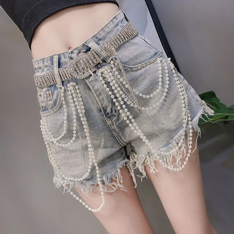 Women 2023 Rhinestone Beads Wide Leg Pearls Tassels Denim Shorts Female New Summer Casual High Waist Jeans Chic Wild Shorts Blue