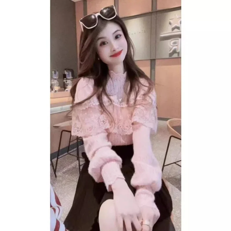 

Милая лоскутная полая кружевная рубашка с длинными рукавами и листьями лотоса для женщин, новый модный топ, тренд