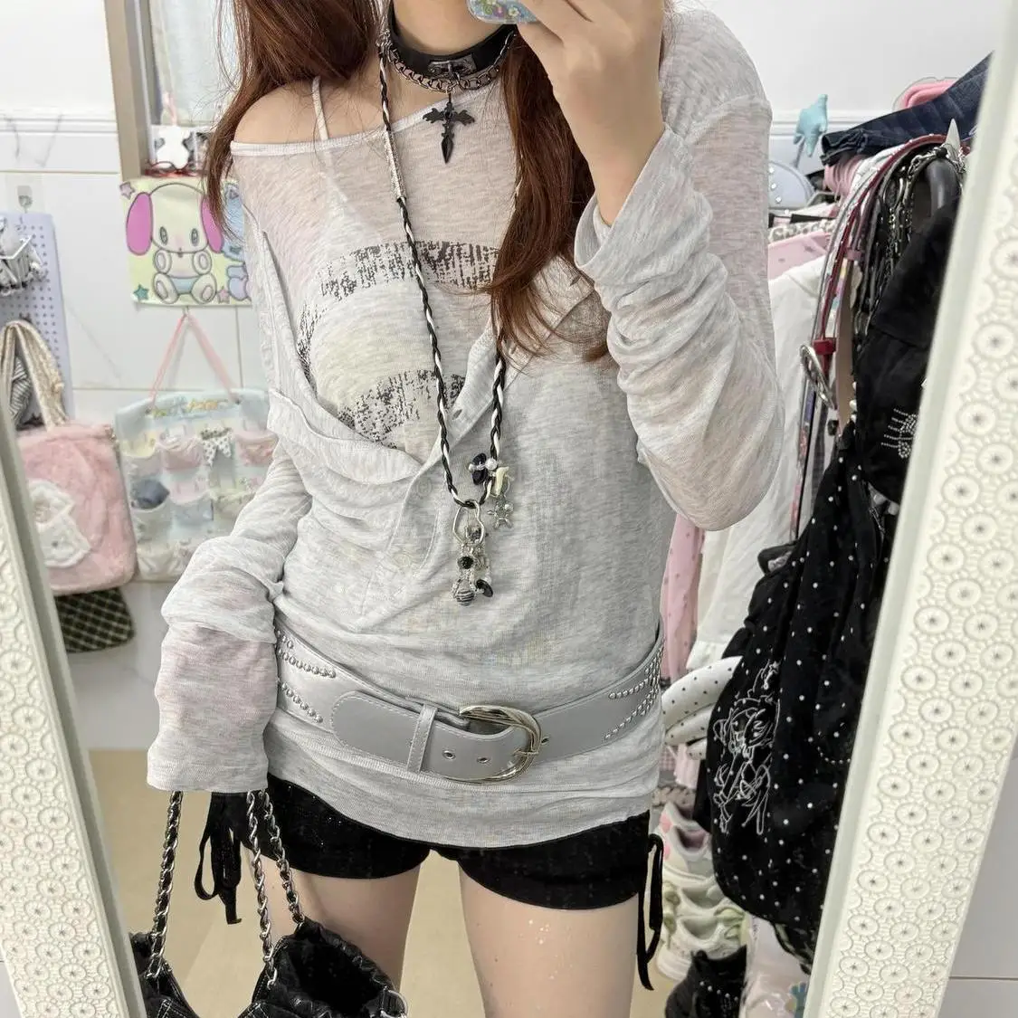 

Goth Y2K False Two-piece Patchwork Ropa Mujer Early Autumn New Print Loose T-shirt Long Sleeve American Pure Desire Sexy Shirts