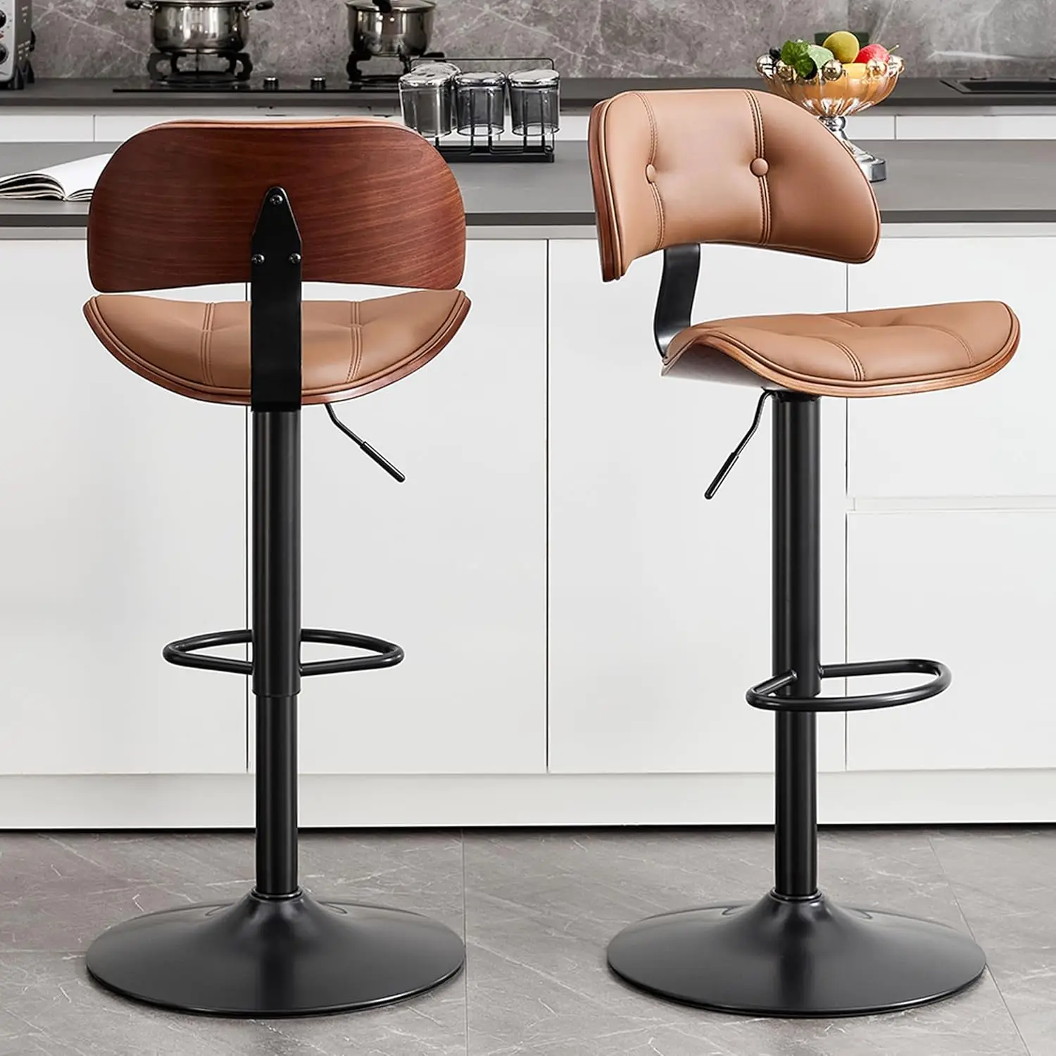 

Adjustable Swivel Counter Height Bar Stools Set of 2 Bentwood Back Faux Leather Kitchen Island 24-32in Brown, Customized