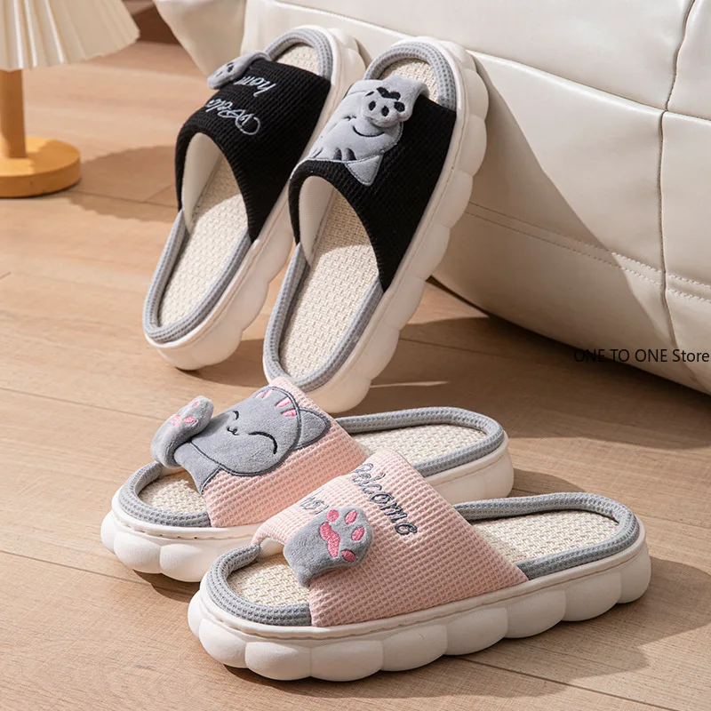 الجملة كيتي النساء النعال موضة تنفس شبشب منزل داخلي امتصاص العرق الكتان عدم الانزلاق النعال النعال عادية