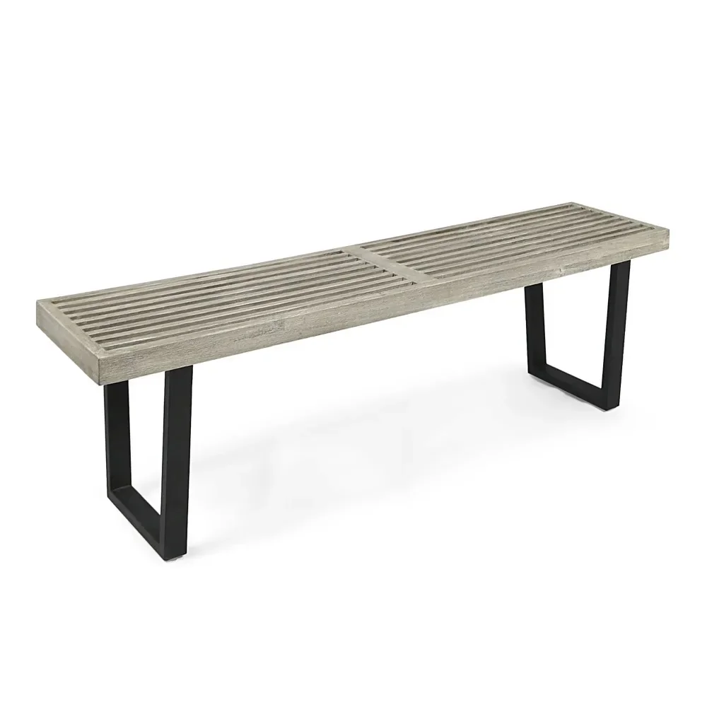 

61.75" Gray and Black Contemporary Rectangular Outdoor Patio Dining Bench