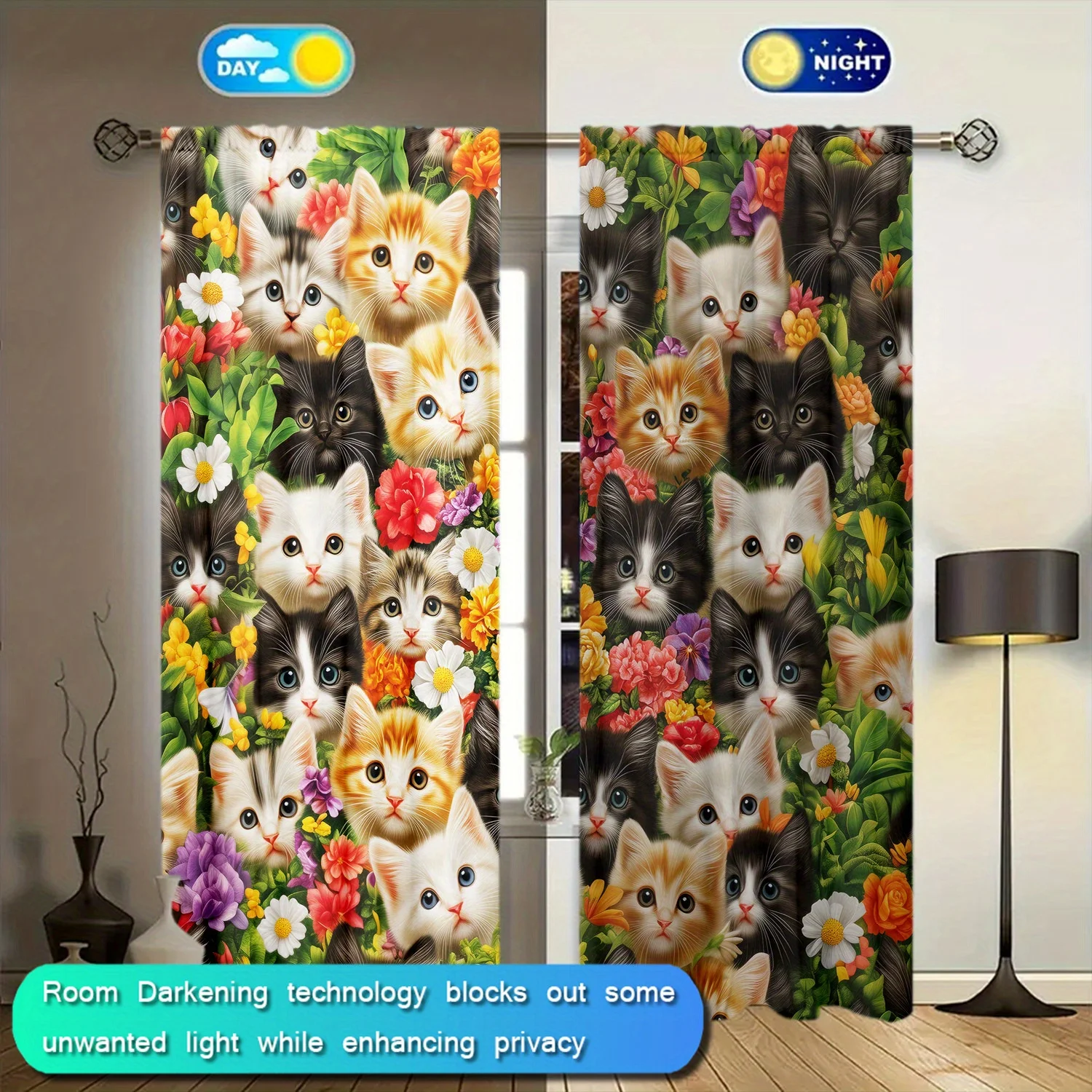 Adorable Kitten Floral Pattern Polyester Curtain Shower Curtain Panel Waterproof Window Treatment for Bathroom Nursery Home Deco
