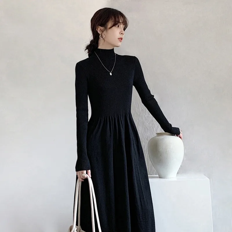 Women Knit Long Dress Half High Collar Solid Full Sleeve Dresses Casual Spliced Slim Fit High Waist Elegant Vestidos Skinny Lady