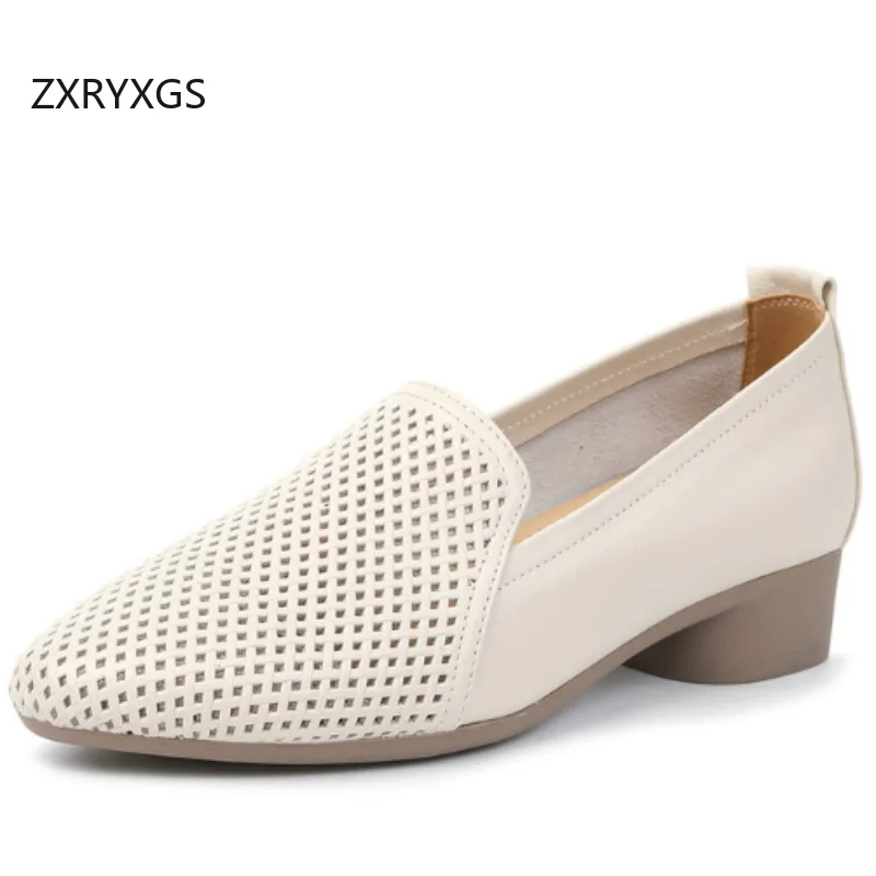 

ZXRYXGS Soft Cowhide Pointed Hollow Shoes Breathable Real Leather Sandals 2026 Summer Low Heel Sandals Elegant Fashion Big Size