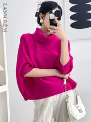 LANMREM Batwing Sleeves Pleated T-shirt For Women Lapel Solid Color Loose Big Size Female Casual Top 2024 Summer New 2DA6800