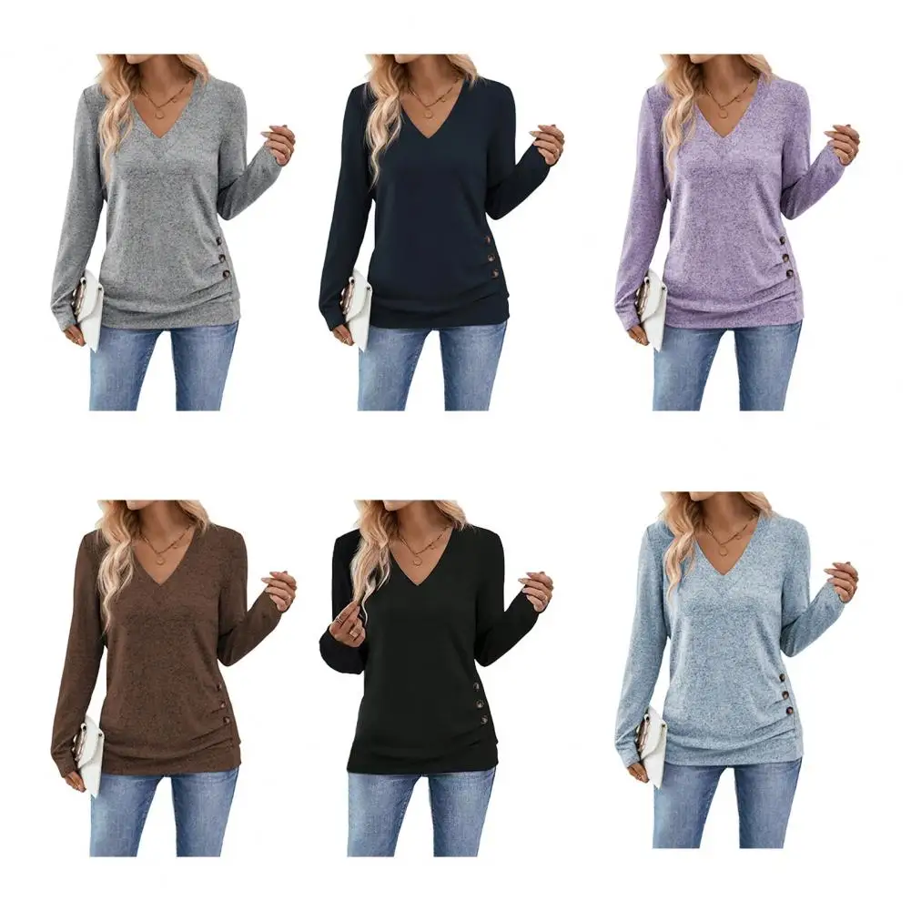 

Winter Shirt Spring Autumn Lady Button Knit Top Women Solid Color V-Neck Long Sleeve T-Shirt Sexy Top Clothes