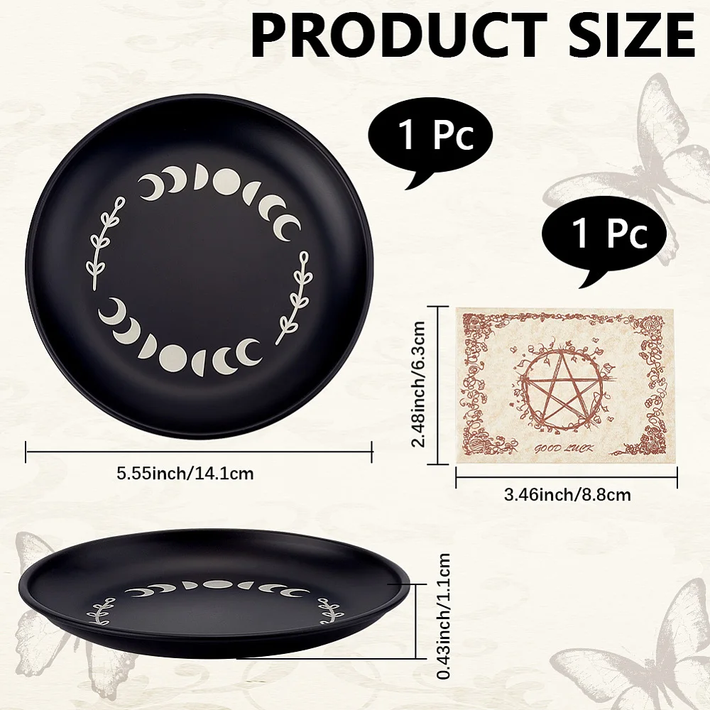 Phase Moon Plate Jewelry Dish Ritual Flat Bowl Round Prayer Tray Offering Bowl Dish Black Candle Holder with Divination Card