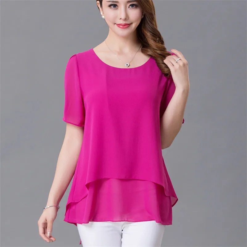 Short Sleeve Chiffon Women Shirts 2024 Summer Office Work Tops Elegant Lady Shirt Solid O-Neck Women Blouses -
